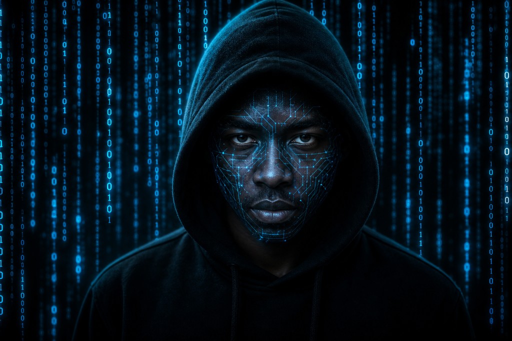 AI-driven threat intelligence with digital overlay on an African security analyst
