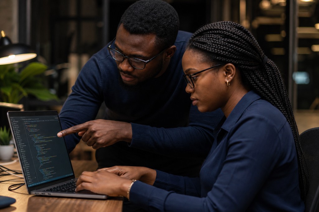 African cybersecurity specialists collaborating on incident response at a laptop