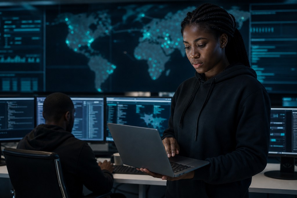 African SOC analyst monitoring threats on a laptop in a security operations center