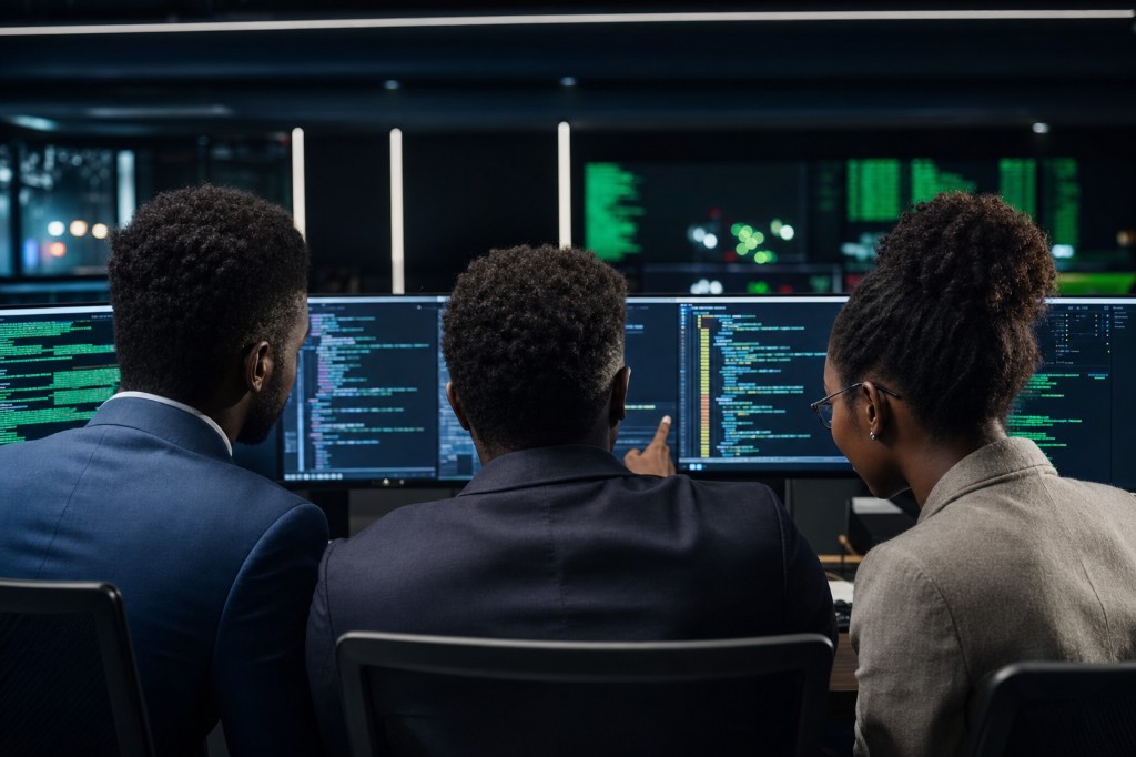 African cybersecurity team analyzing threat data and code in a war room